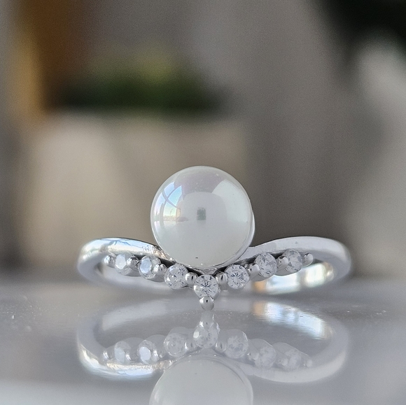 Dainty Pearl Wishbone Ring, 925 Sterling Silver Charmed Aroma - Picture 5 of 8